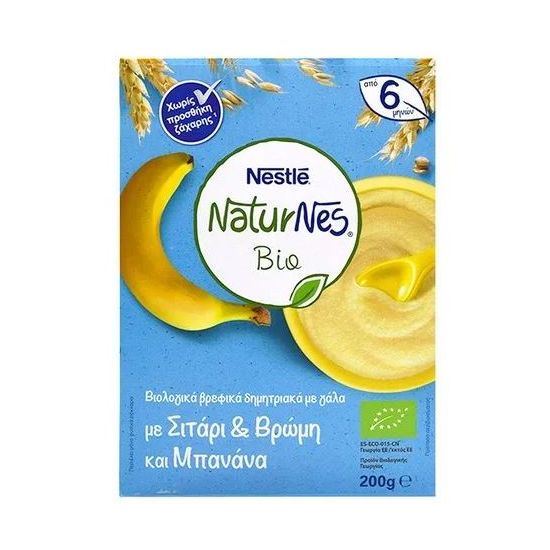 Nestle Naturnes Bio, Βιολογικά Δημητριακά Σιτάρι, Βρώμη, Μπανάνα & Γάλα, 200gr