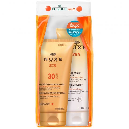Nuxe Sun Delicious Lotion High Protection Face & Body SPF30, 150ml & After Sun Hair & Body Shampoo, 200ml