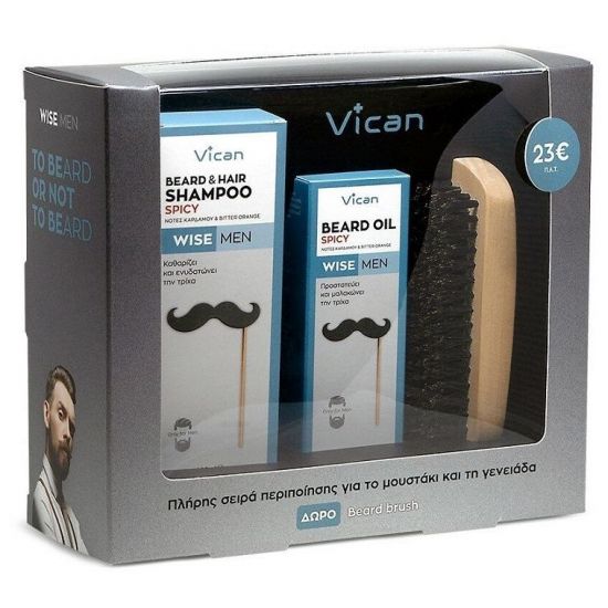 Vican Σετ Wise Men Beard & Hair, Shampoo Spicy, 200ml & Beard Oil, Spicy, 30ml & Δώρο Beard Brush