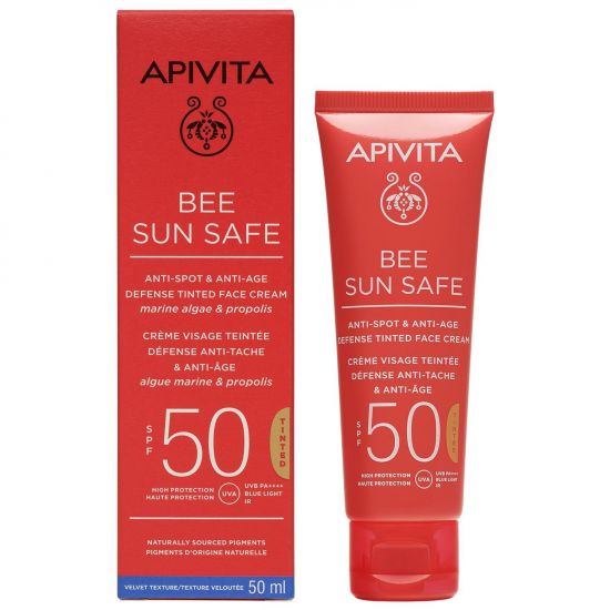 Apivita Bee Sun Safe Anti-spot & Anti-age SPF50 Defense Tinted Face Cream Βελούδινη Υφή, 50ml
