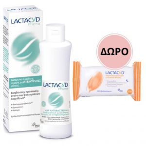 Lactacyd Pharma with Antibacterials Καθαριστικό Ευαίσθητης Περιοχής με Φυσικούς Αντιβακτηριακούς Παράγοντες, 250 ml & ΔΩΡΟ Intimate Wipes Υγρά Μαντηλάκια Καθαρισμού Ευαίσθητης Περιοχής, 15 τεμάχια
