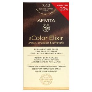 Apivita My Color Elixir Promo Μόνιμη Βαφή Μαλλιών Νο 7.43 Ξανθό Χάλκινο Μελί -20%, 1τμχ