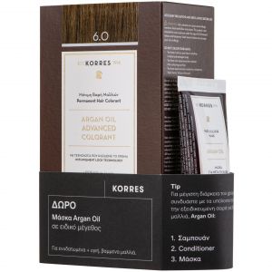 Korres Promo Argan Oil Βαφή Μαλλιών Χωρίς Αμμωνία, 1τμχ & Δώρο Post Color Hair Mask 40ml - 6.0 Ξανθό Σκούρο